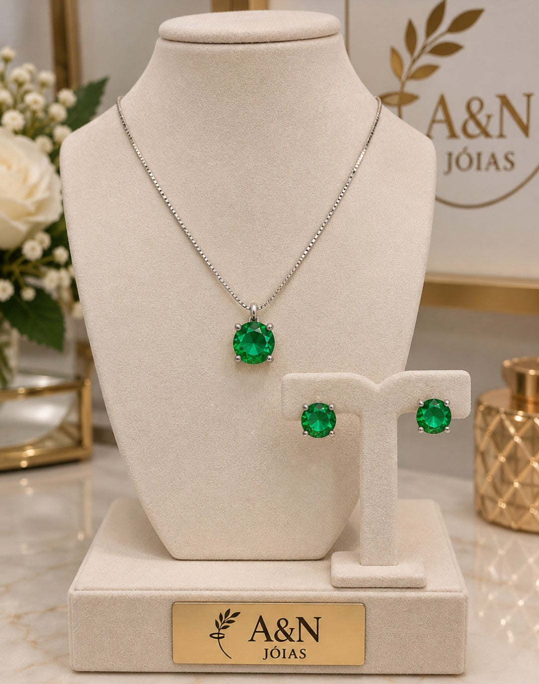 CONJUNTO COLAR E BRINCO PONTO DE LUZ REDONDO ESMERALDA RÓDIO BR