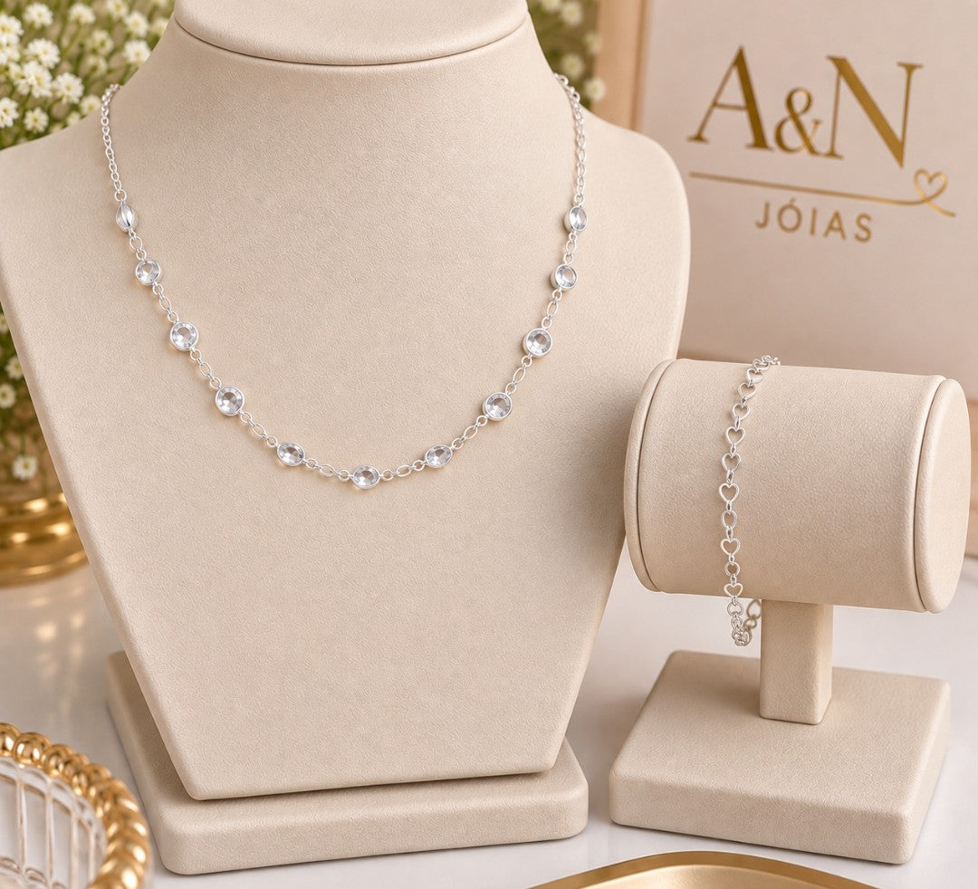 Conjunto Colar e Pulseira Folheado a Prata 925 Pontos de Luz e Coração