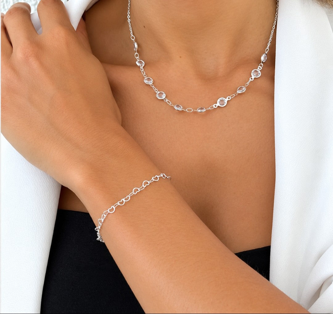 Conjunto Colar e Pulseira Folheado a Prata 925 Pontos de Luz e Coração