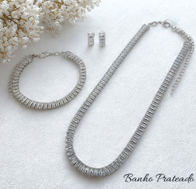 Conjunto Colar, Pulseira Brinco Riviera Zircônias Cristal Banhado a Prata
