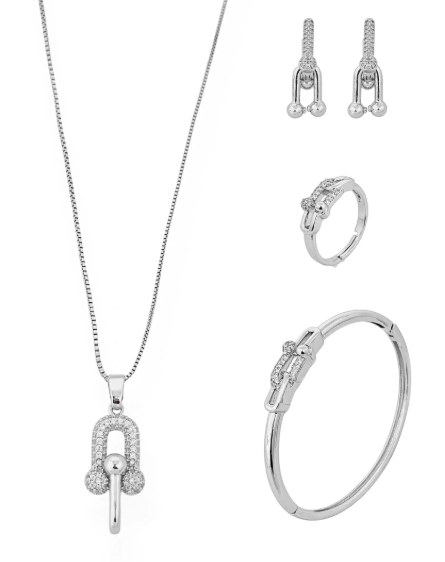 Conjunto Colar, Brinco, Bracelete e Anel Folheado a Prata Elos Inspiração Grandes Marcas