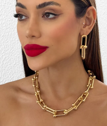 Conjunto Colar e Brinco Folheado a Ouro e a Prata Elos Inspiração Grandes Marcas