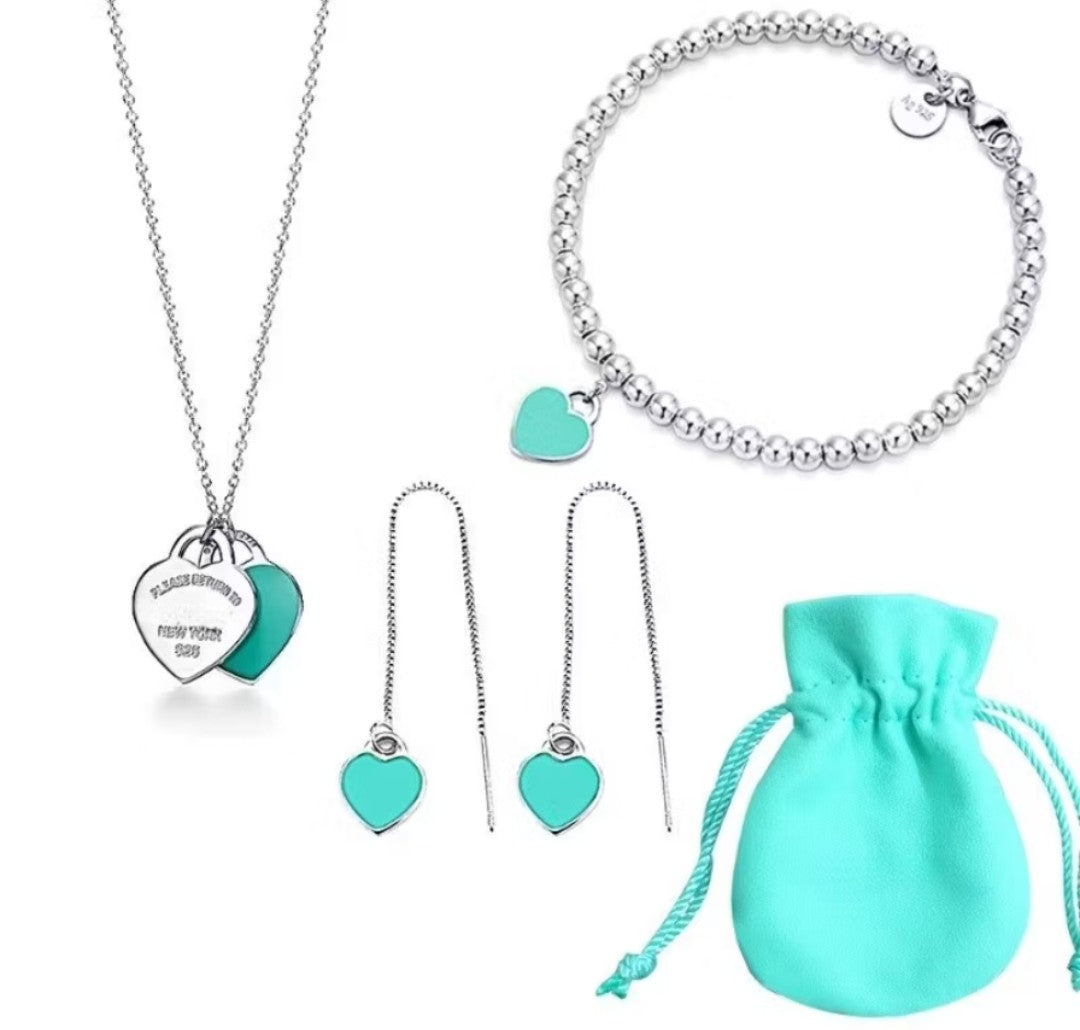 Conjunto Corações Brinco, Pulseira, Gargantilha, Brinco Tiffany prata 925