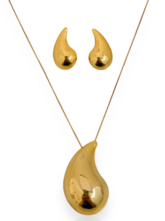 Conjunto Colar e Brinco Gota Lisa Folh. Ouro Tam. 45