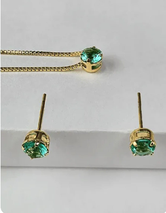 Conjunto Ponto de Luz Verde 6mm Banhado a Ouro 40cm
