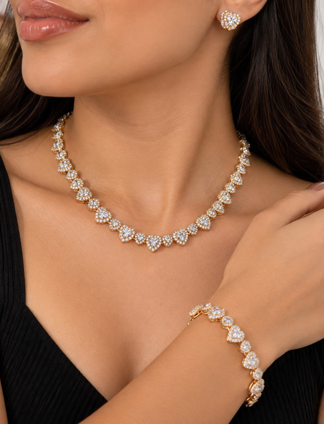 Conjunto Riviera Corações Cristal Banhado a Ouro