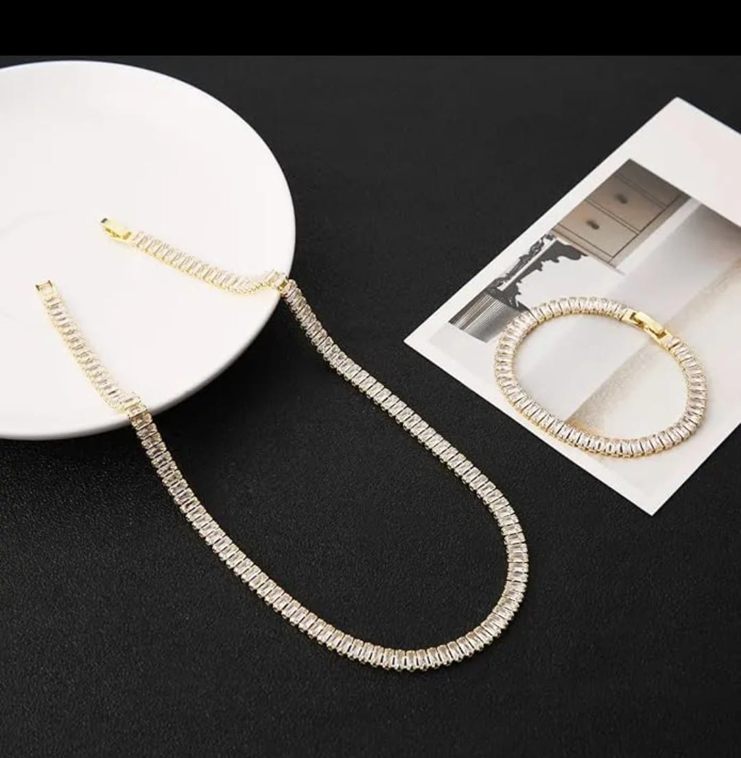 Conjunto Riviera Colar Chocker e Pulseira Brilhantes Banhado a Ouro 18k