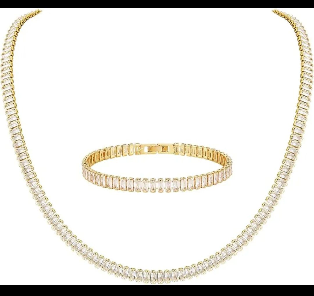 Conjunto Riviera Colar Chocker e Pulseira Brilhantes Banhado a Ouro 18k