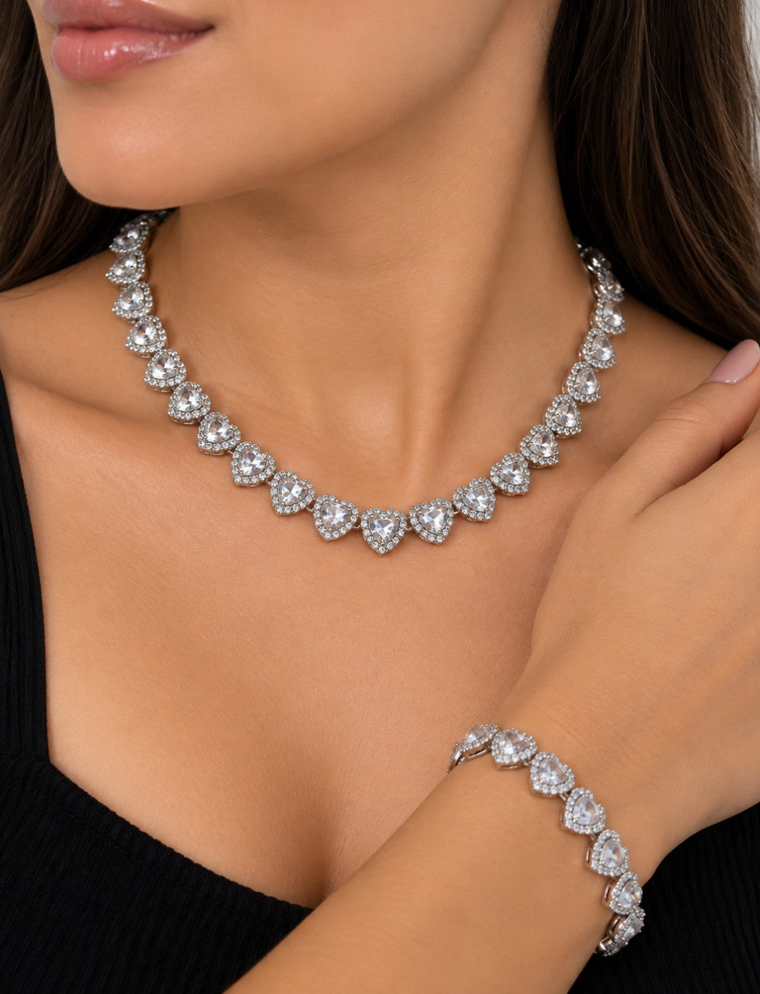 Conjunto Colar e Pulseira Corações Riviera Aço Inoxidavel Banhado a Prata