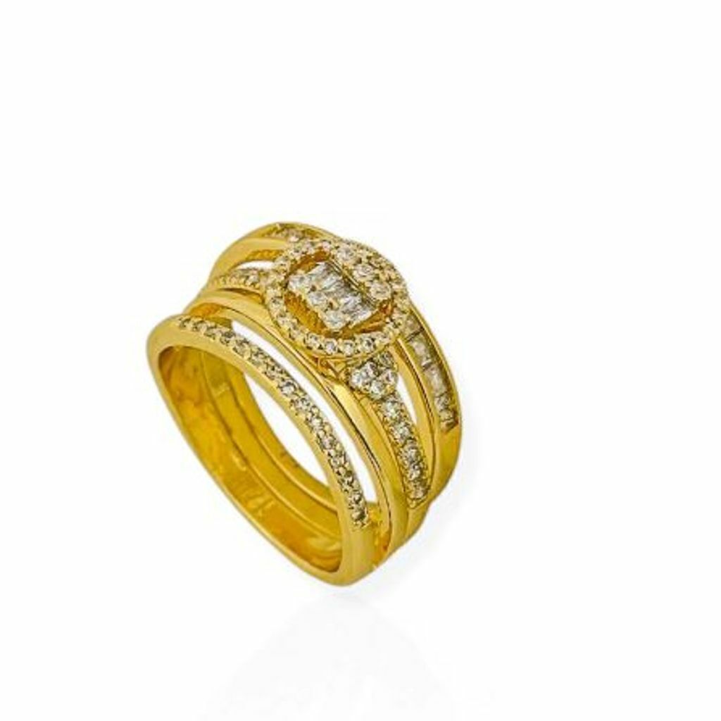 Anel Triplo Detalhes Cravejados Semi Jóia Ouro