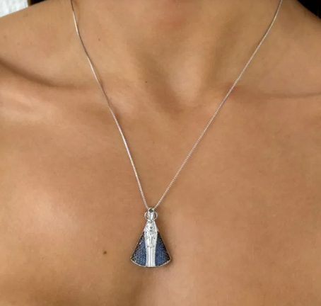 Colar Nossa Senhora Banhado a Prata Manto Azul
