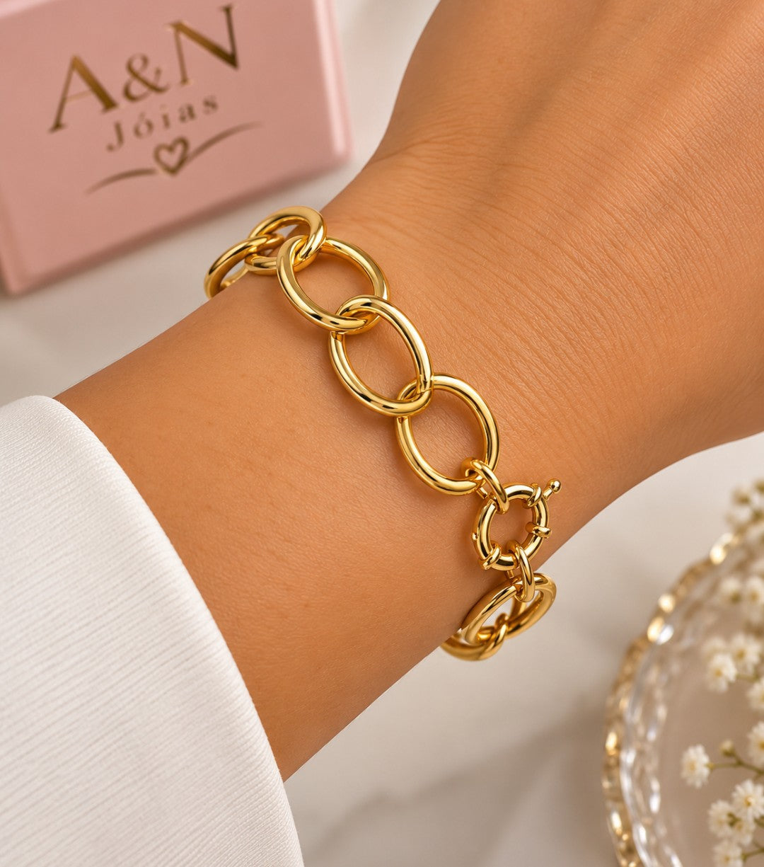Pulseira Elos Grandes Fecho Boia 15mm Folh. A Ouro