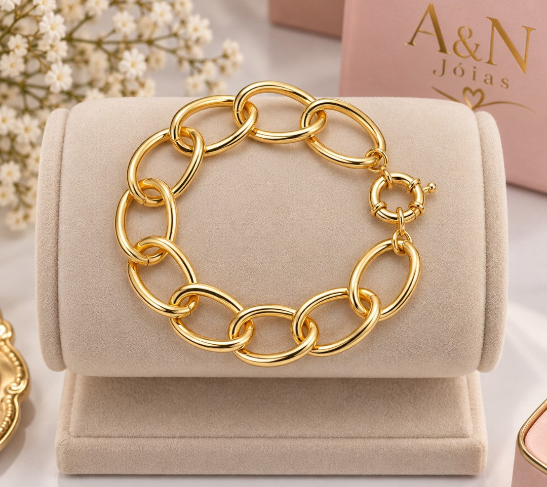 Pulseira Elos Grandes Fecho Boia 15mm Folh. A Ouro