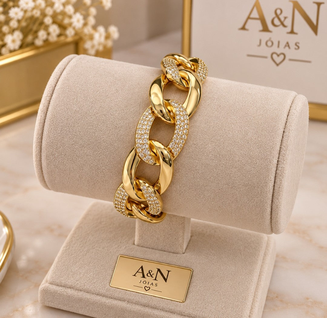 Pulseira elos grossa com zircônias banhado a ouro18k