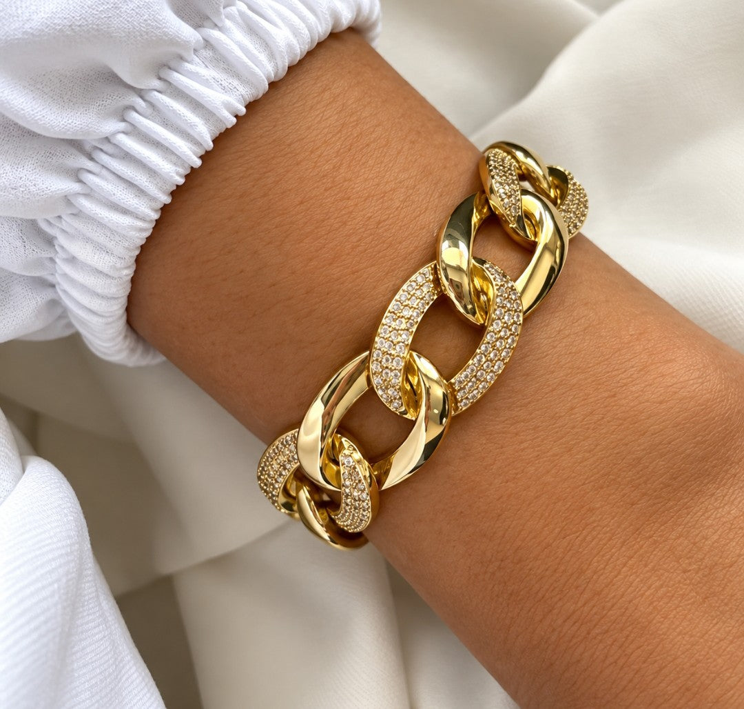 Pulseira elos grossa com zircônias banhado a ouro18k