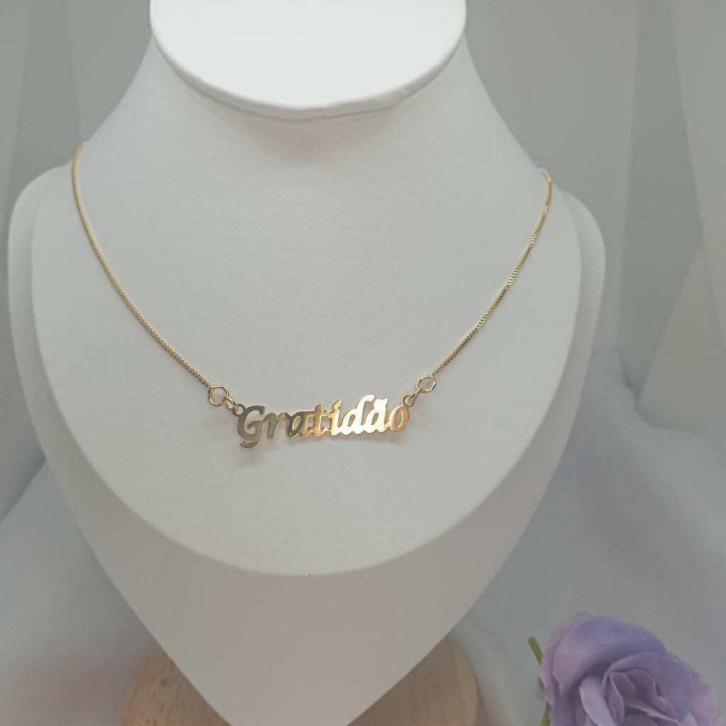 Corrente com Pingente Gratidão Semi Jóia Ouro 18k 50cm