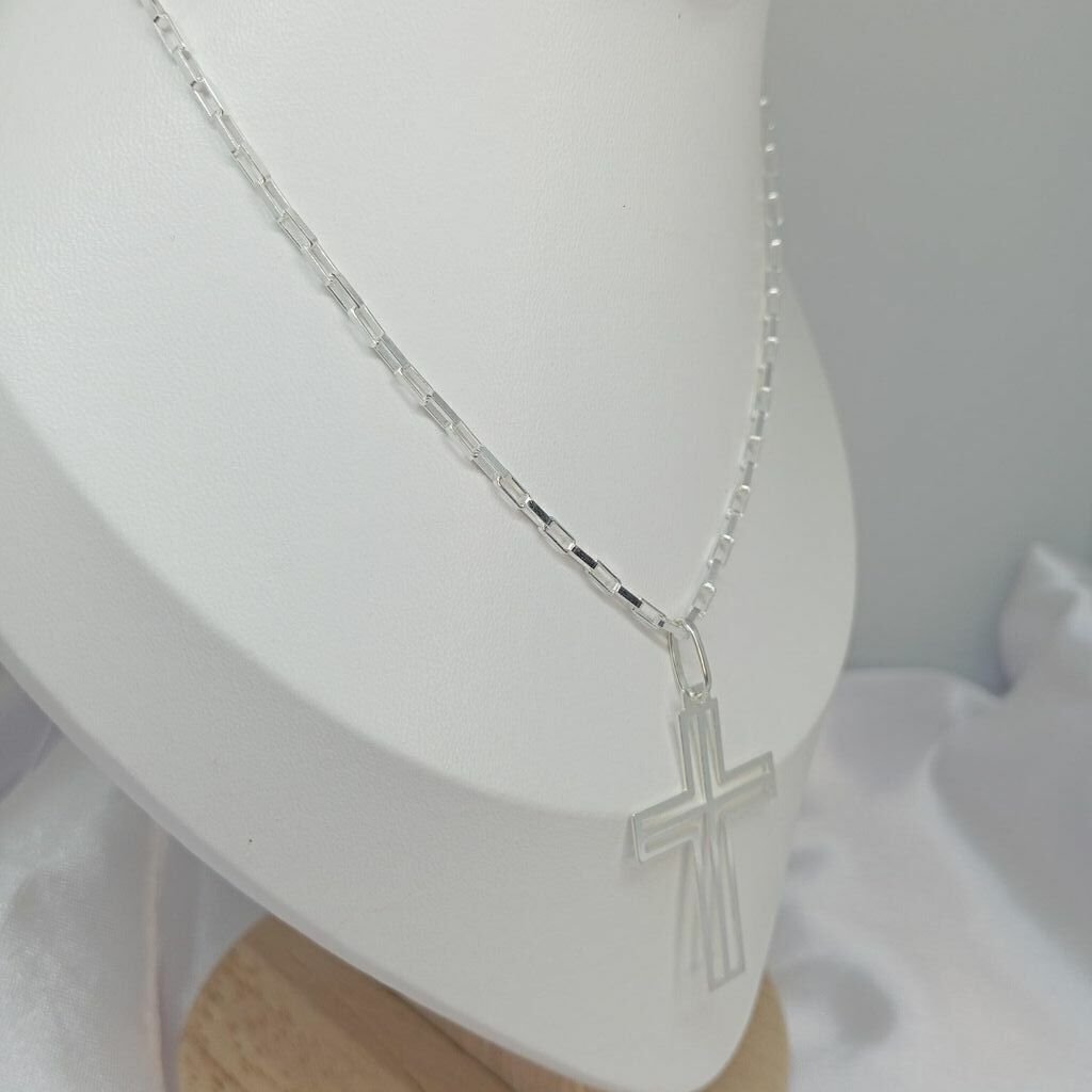 Corrente de prata 925 Cartier 1703 box com Pigente Cruz Vazada fio 35