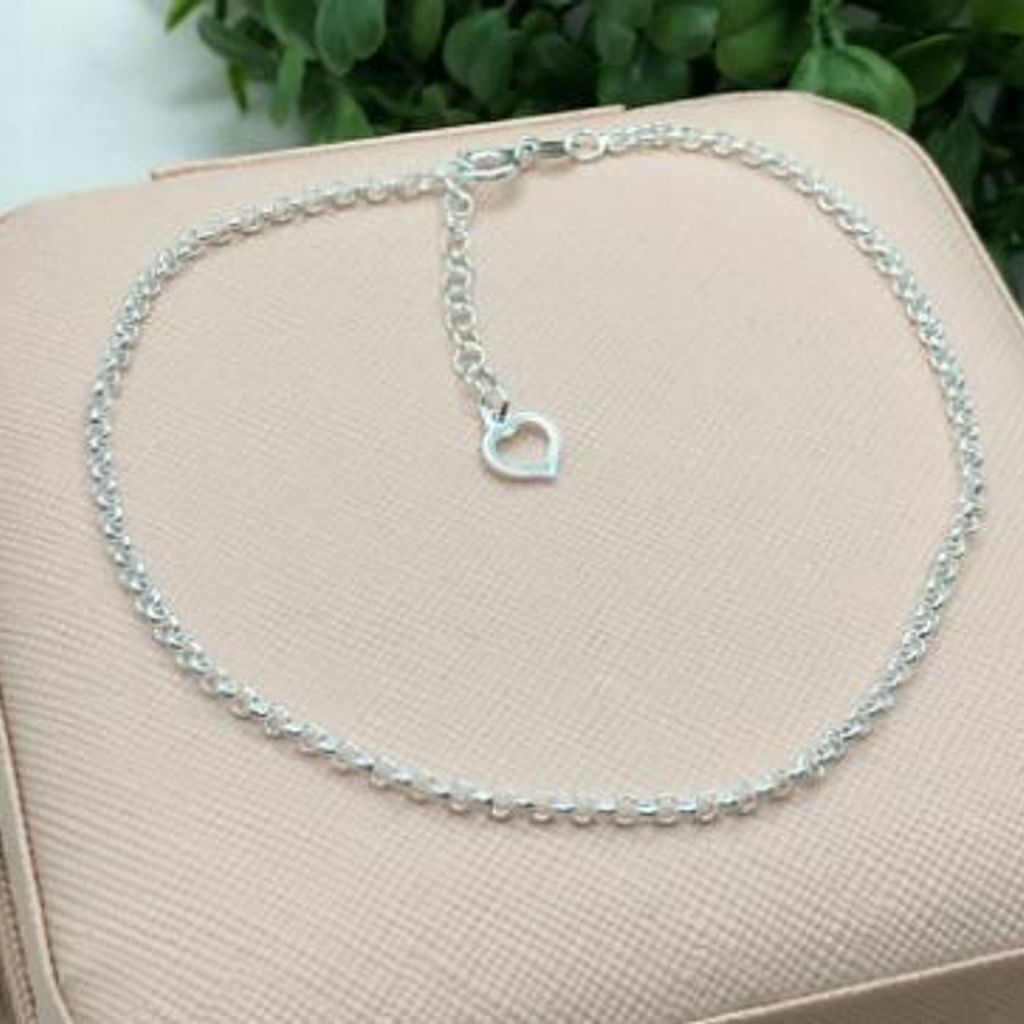 Tornozeleira de prata 925 elo português 24cm + extensor 3cm com pingente coração chapinha vazado