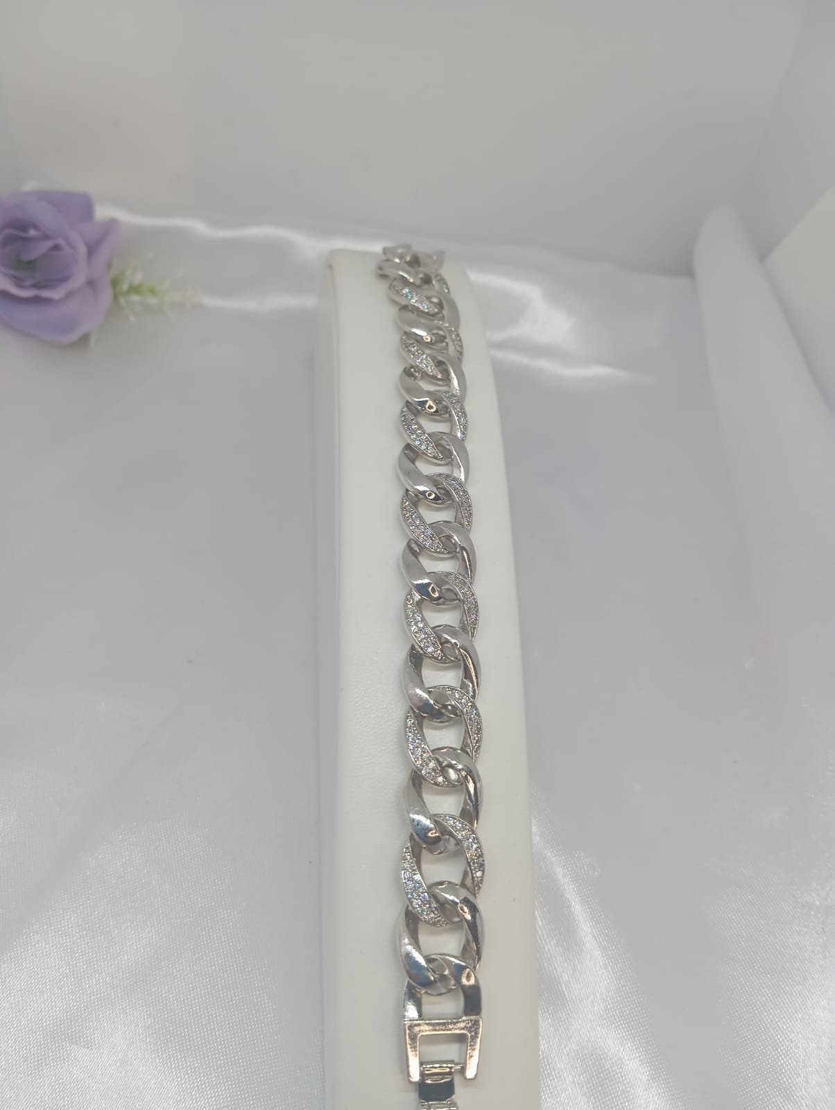 Pulseira Folh. Ródiol Tam. 18 Elos Grandes Liso e Cravejado
