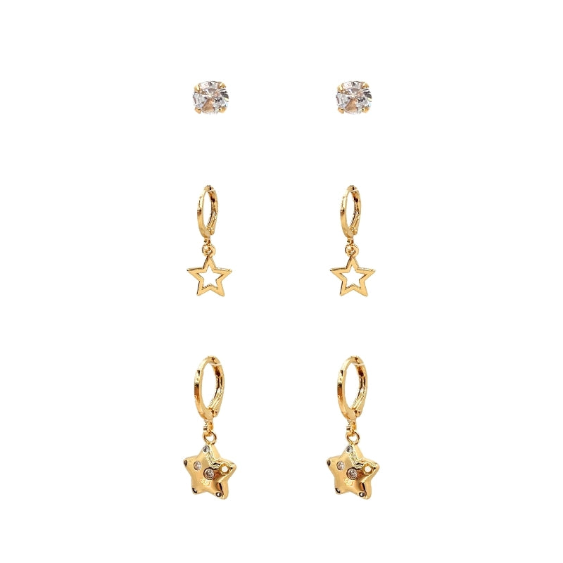 Brinco Trio Argolinhas com Pindurico Estrelas e Ponto de Luz Folh. A Ouro