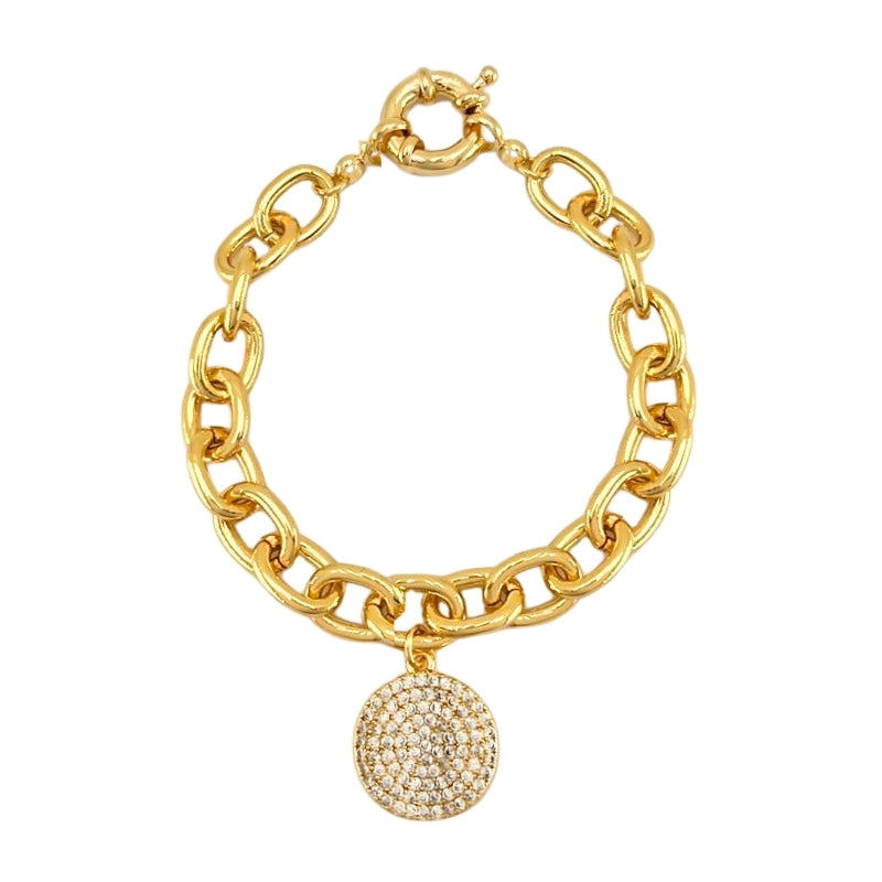 Pulseira Elos Grandes Pingente Redondo Cravejado Tam. 17