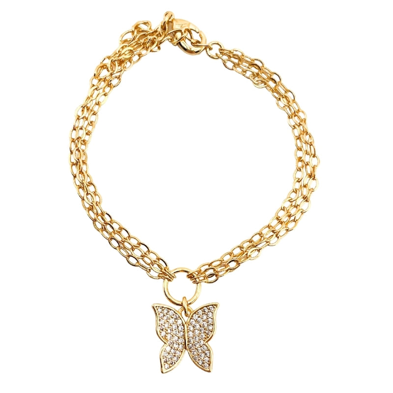 Pulseira Dupla Pingente Borboleta Cravejada Folh. A Ouro