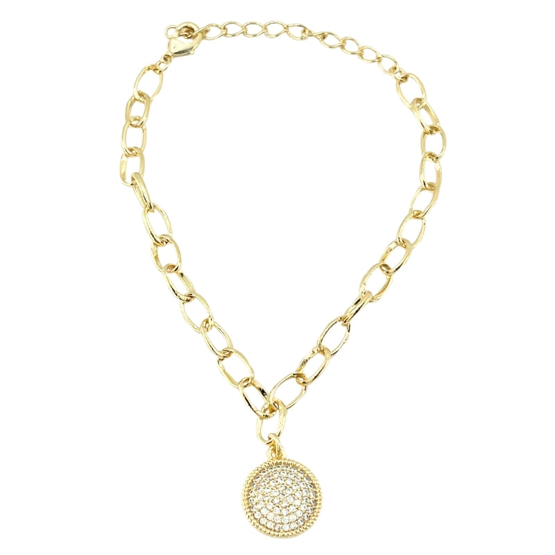 Pulseira Pingente Redondo Cravejado 13mm Folh. A Ouro