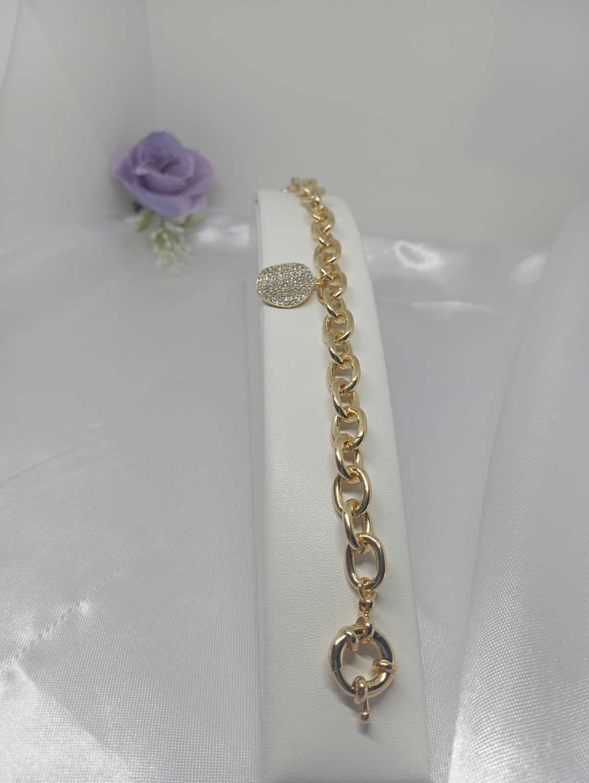 Pulseira Elos Grandes Pingente Redondo Cravejado Tam. 17