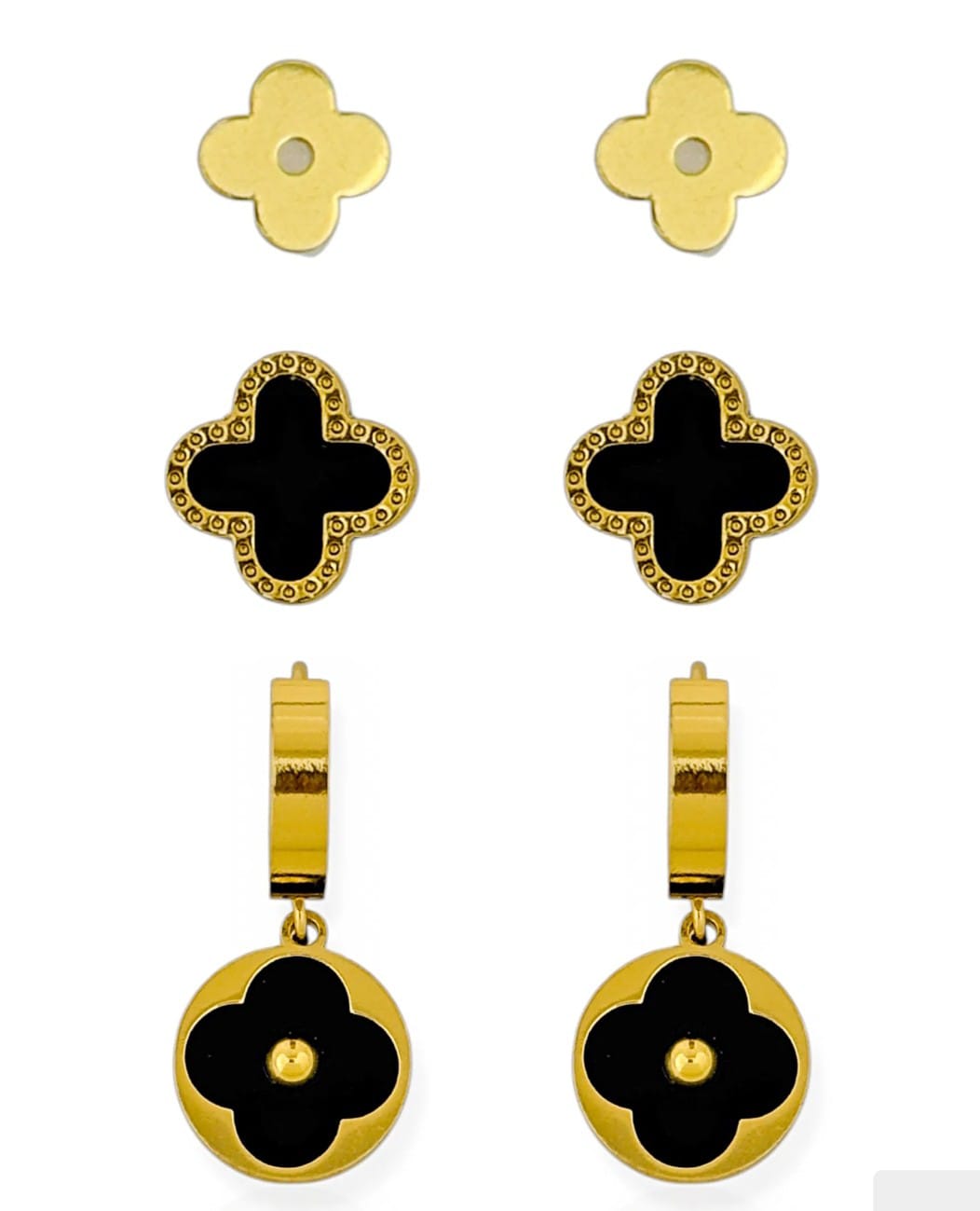 Trio de Brinco Aço Inoxidável Inspiração Resinado Ouro