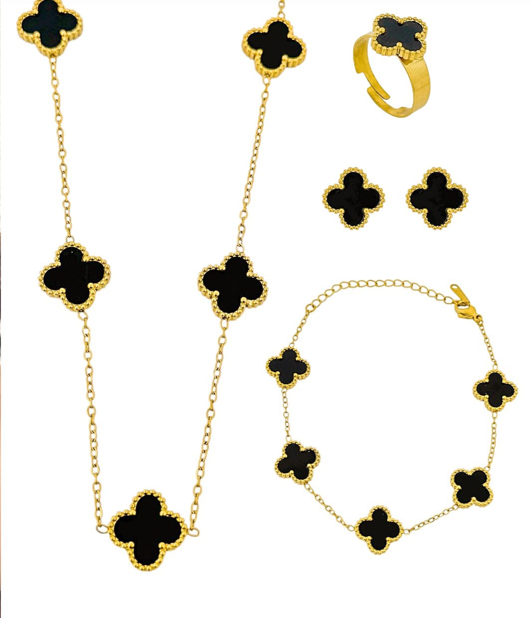 Conjunto Inspiração VG Anel, Colar, Brinco E Pulseira Aço Inoxidável Folh. A Ouro e Prata