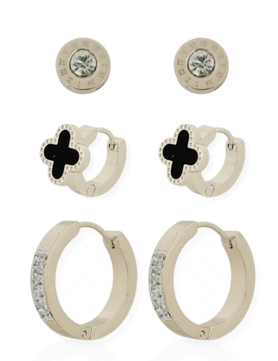 Trio de Brinco Aço Inoxidável Argola Com Zircônia, Inspiração Folh. A Prata