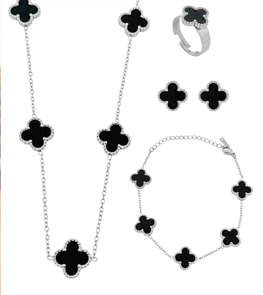 Conjunto Inspiração VG Anel, Colar, Brinco E Pulseira Aço Inoxidável Folh. A Ouro e Prata