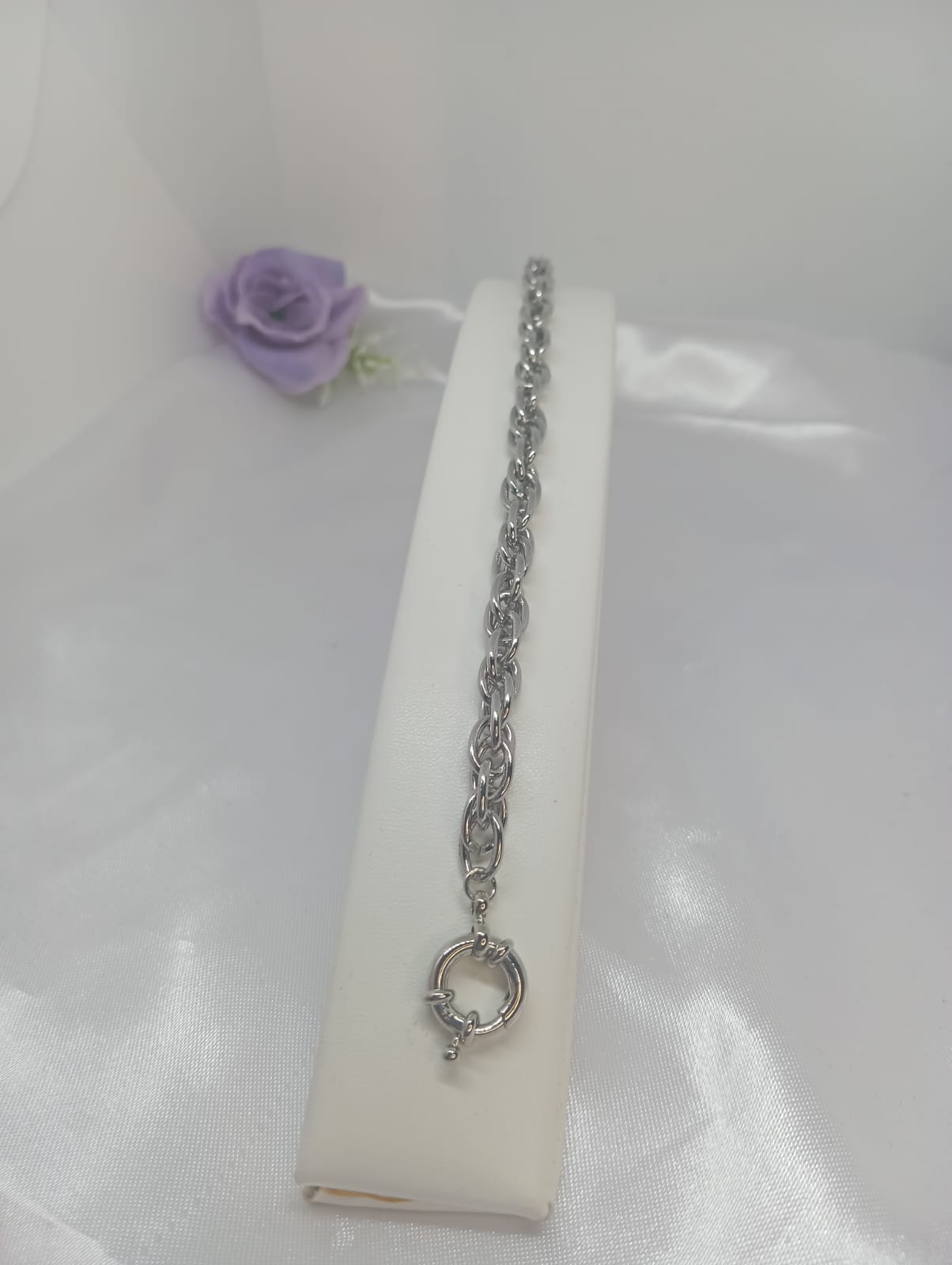 Pulseira Lisa Fecho Boia Elos Duplos Folh. Ródio Tam. 20