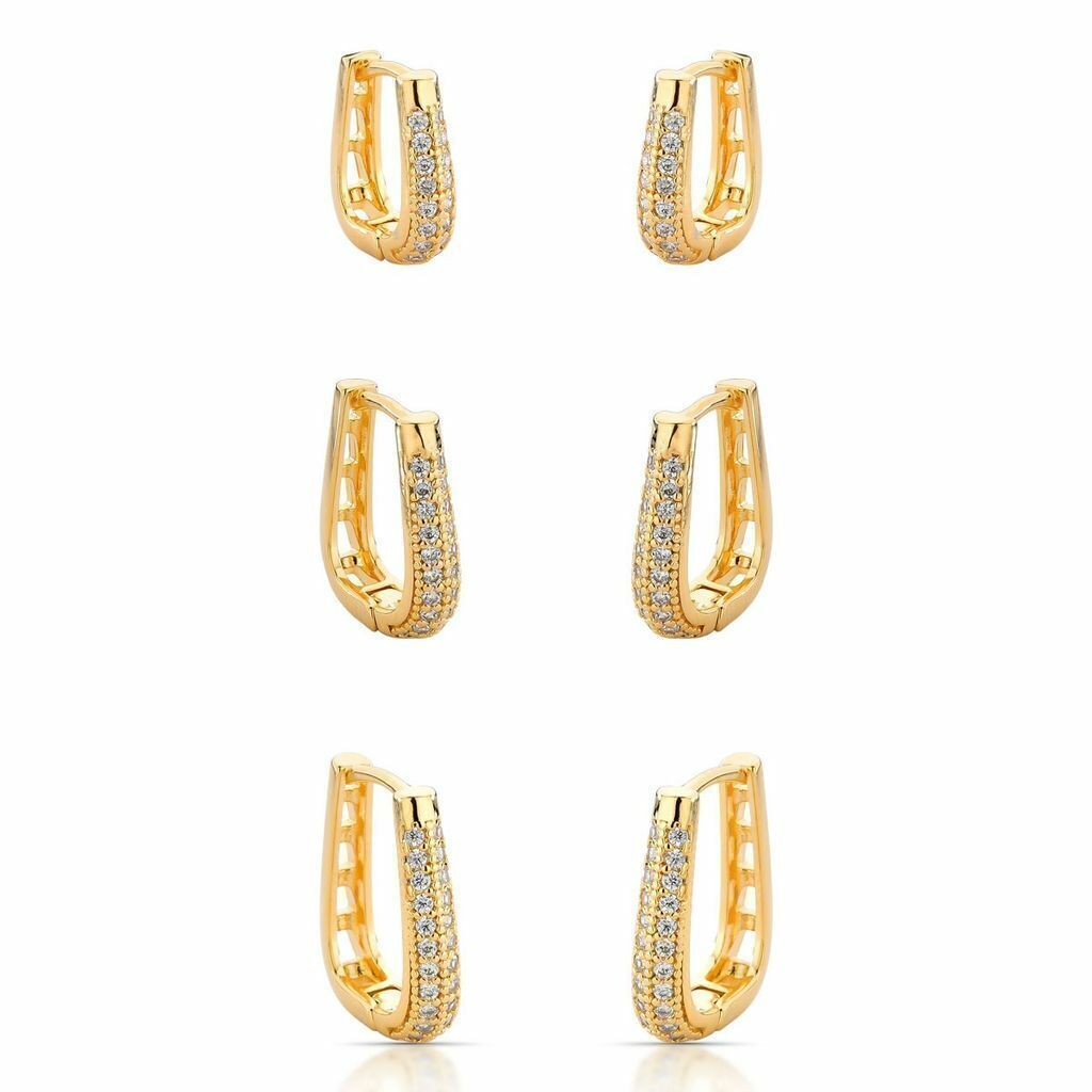 Brinco Trio Argola Retangular click Cravejado B Ouro