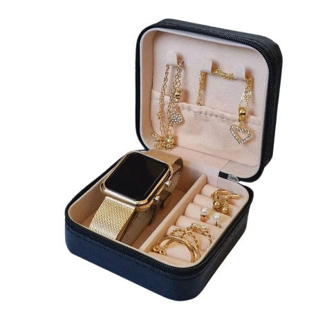 Kit Relógio Feminino Digital + Brincos, Colar, Pulseira Prateado e Dourado Folheados Acompanha Porta Jóia