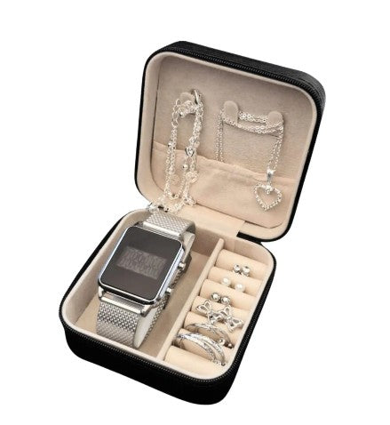 Kit Relógio Feminino Digital + Brincos, Colar, Pulseira Prateado e Dourado Folheados Acompanha Porta Jóia