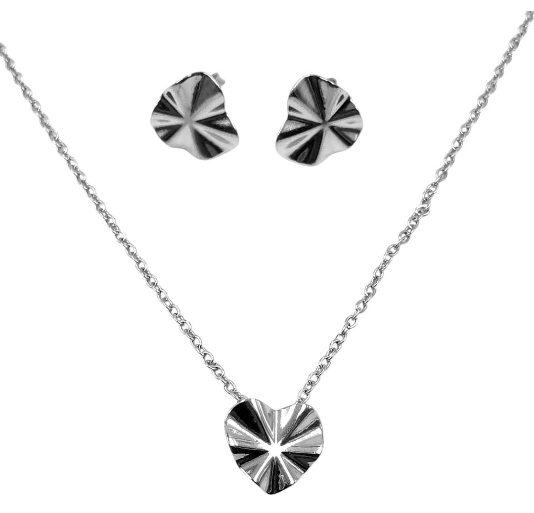 Conjunto Brinco e Colar Martelado Coração Aço Inoxidável