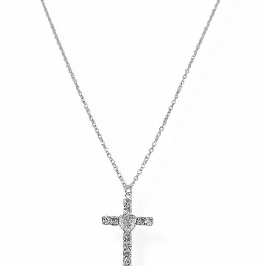 Colar Folheado a Ouro 18k e Prata Cruz Cravejada com Coração Ponto de Luz