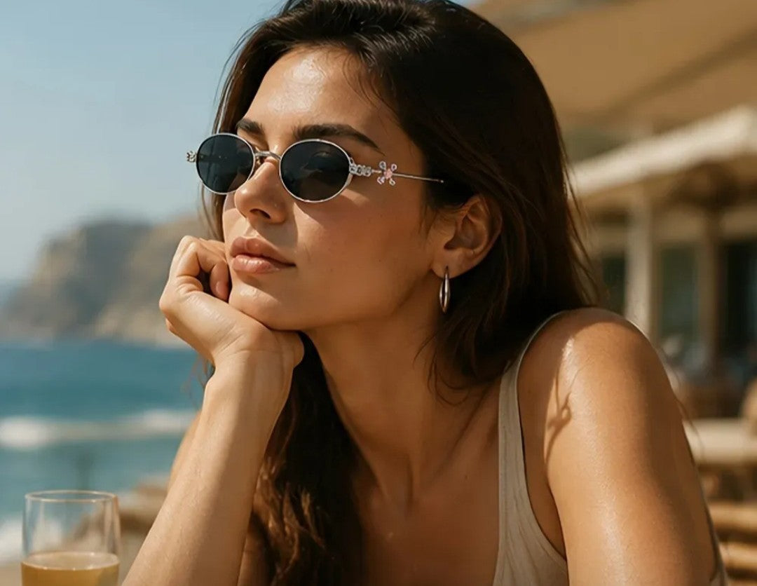 Óculos de Sol Oval Com Armação de Diamante Proteção UV400