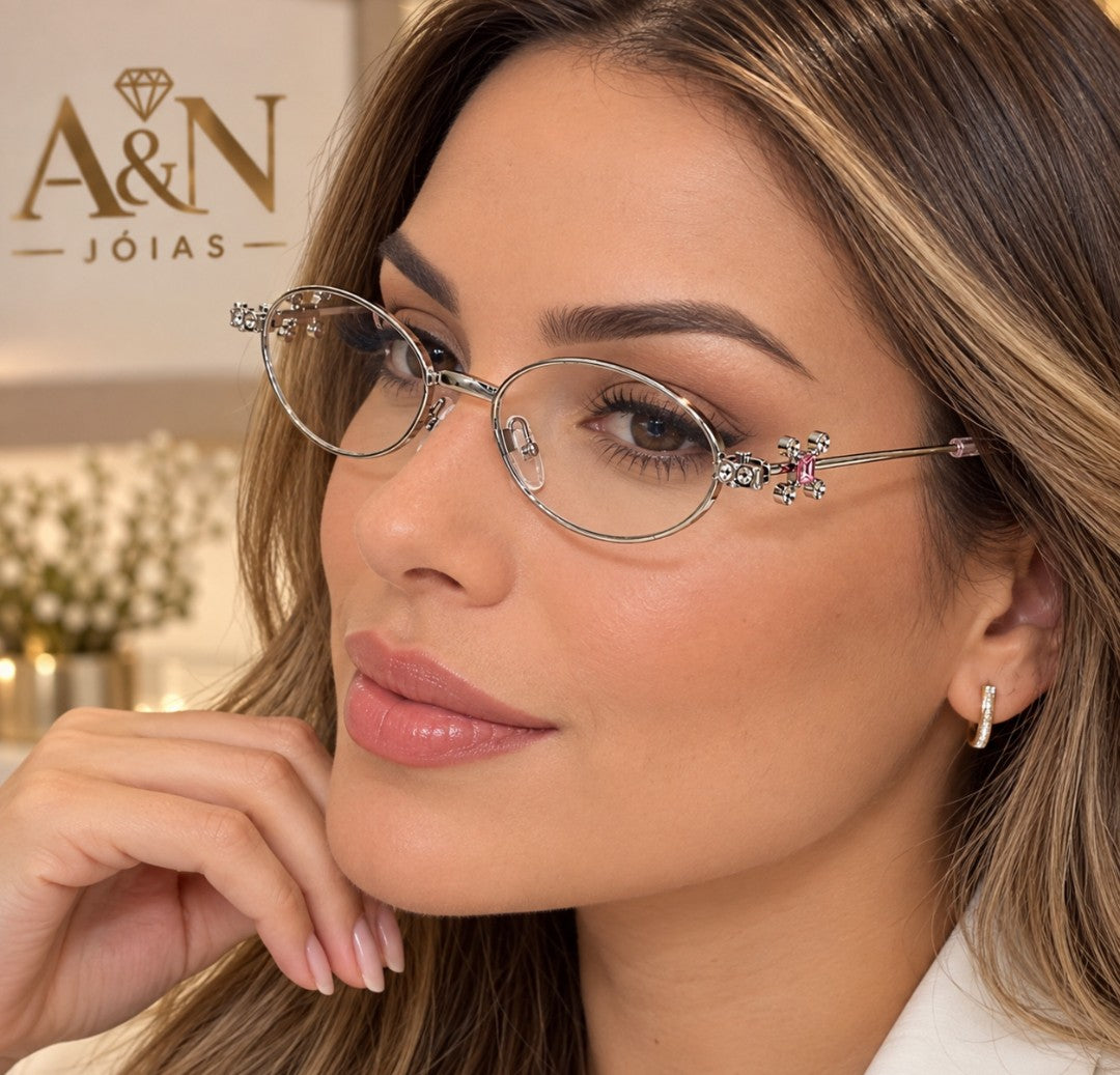 Óculos Transparente Oval Armação de Diamante Proteção UV400