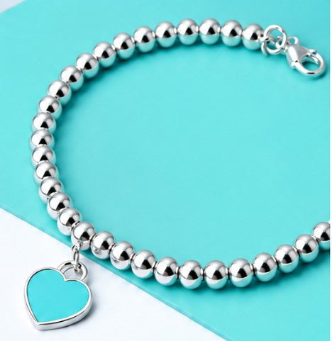Pulseira de Bolinhas com Corações Verde Tiffany na Prata 925