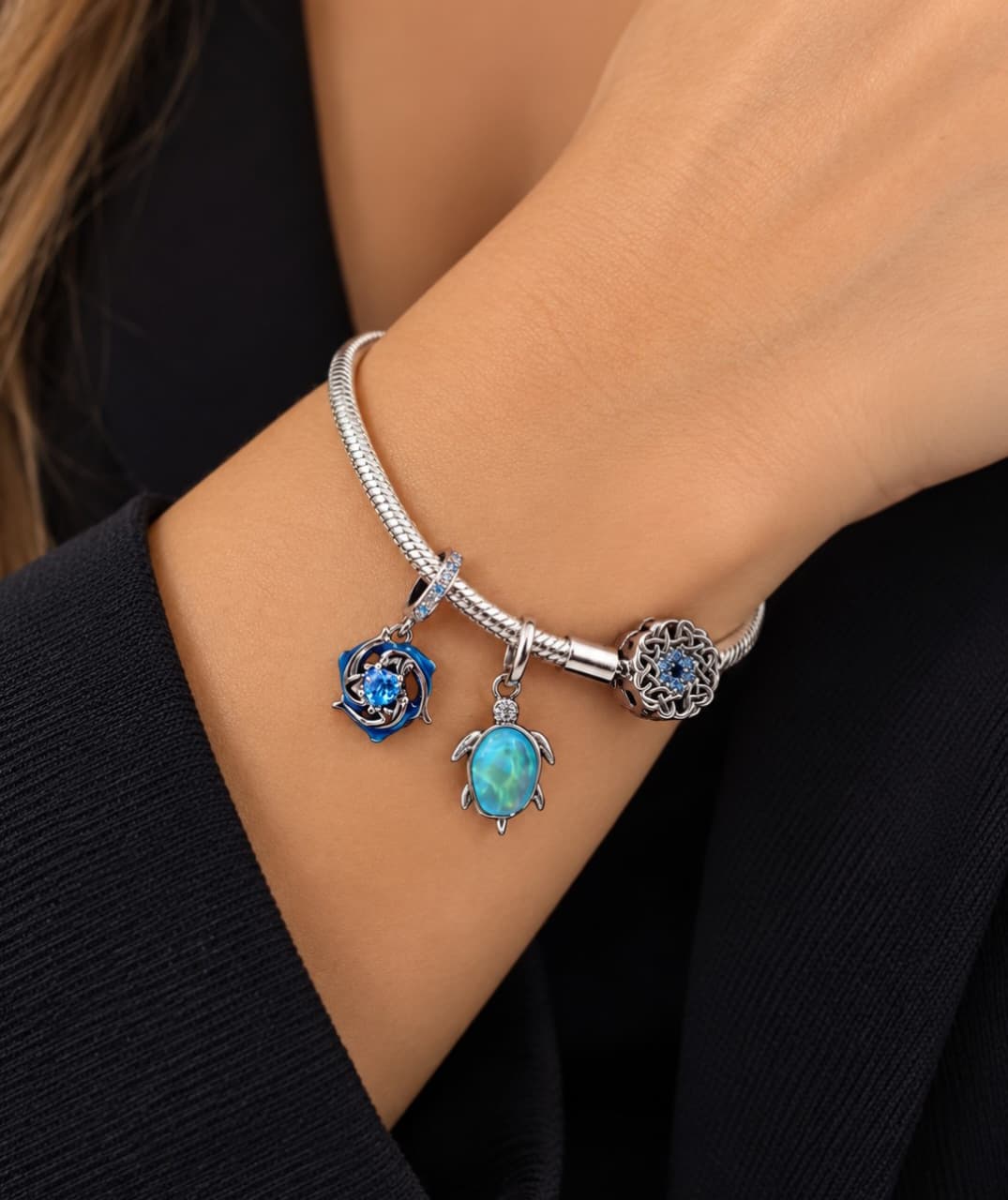 Pulseira Inspiração Pandora com Flor Azul para Berloques prata 925