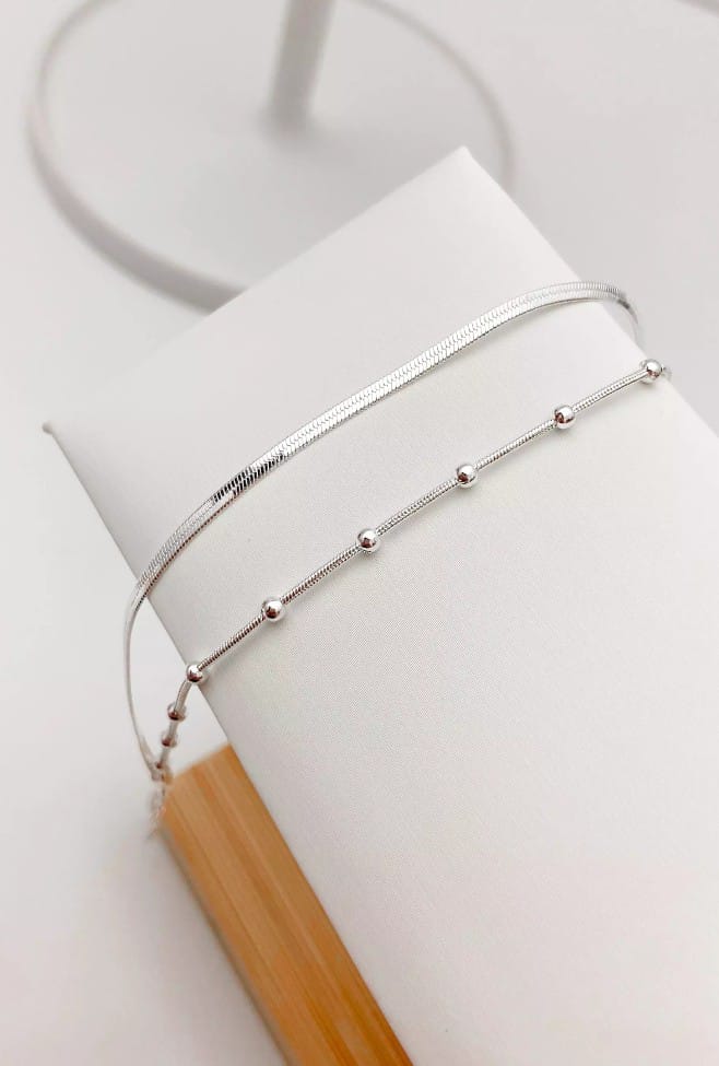 Pulseira Dupla Fita + Rabo Rato com Bolinhas Banhado a Prata 925