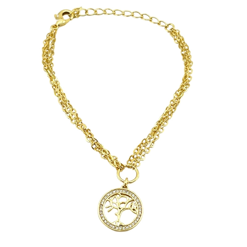 Pulseira Arvore da Vida Corrente Tripla Banhado a Ouro