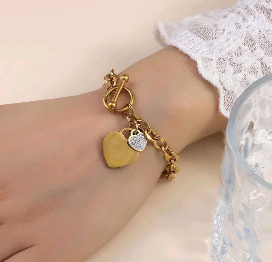 Pulseira Aço Inoxidável Coração Cristal Banhado a Ouro