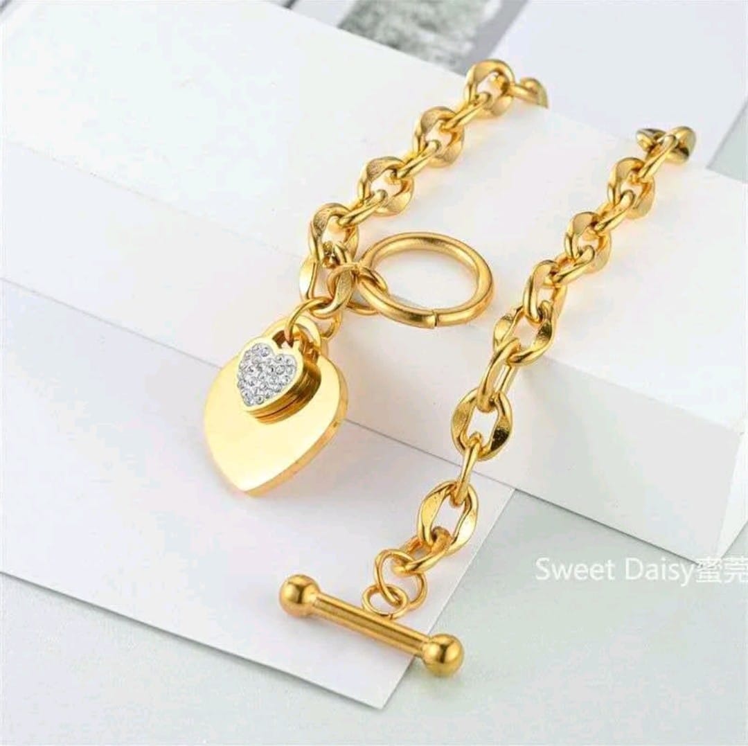 Pulseira Aço Inoxidável Coração Cristal Banhado a Ouro