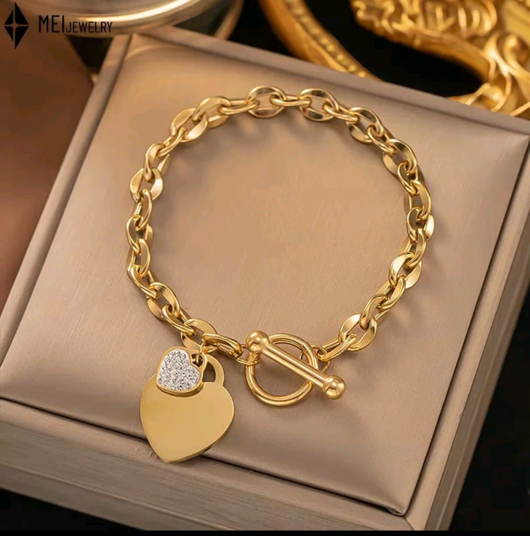 Pulseira Aço Inoxidável Coração Cristal Banhado a Ouro