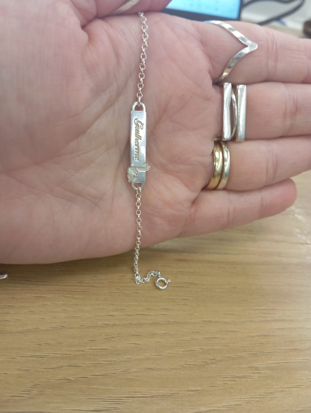 Pulseira prata 925 Personalizada Chapinha Dinossauro com Nome Gravado
