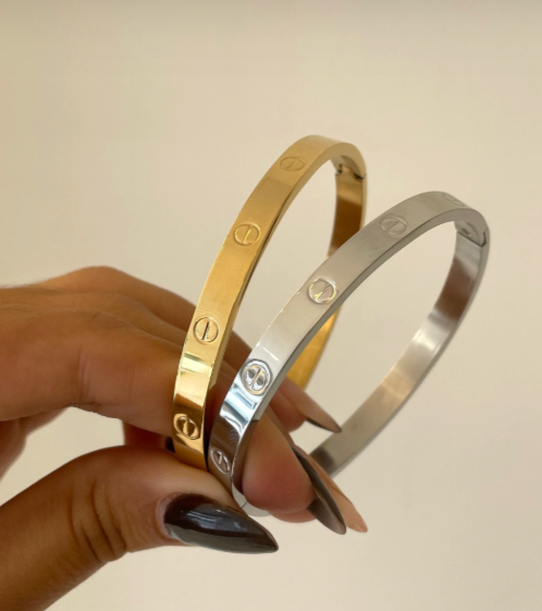 Bracelete Aço Inoxidável Inspiração Cartier com Detalhe Banhado Ouro 18k e Prata