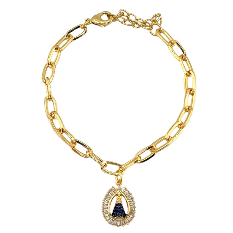 Pulseira Nossa Senhora com Zircônias e Manto Azul Banhado a Ouro